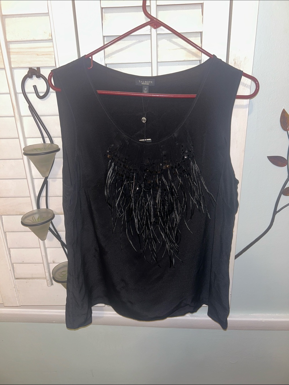 Talbots Black Feather and Sequin Sleeveless Camisole